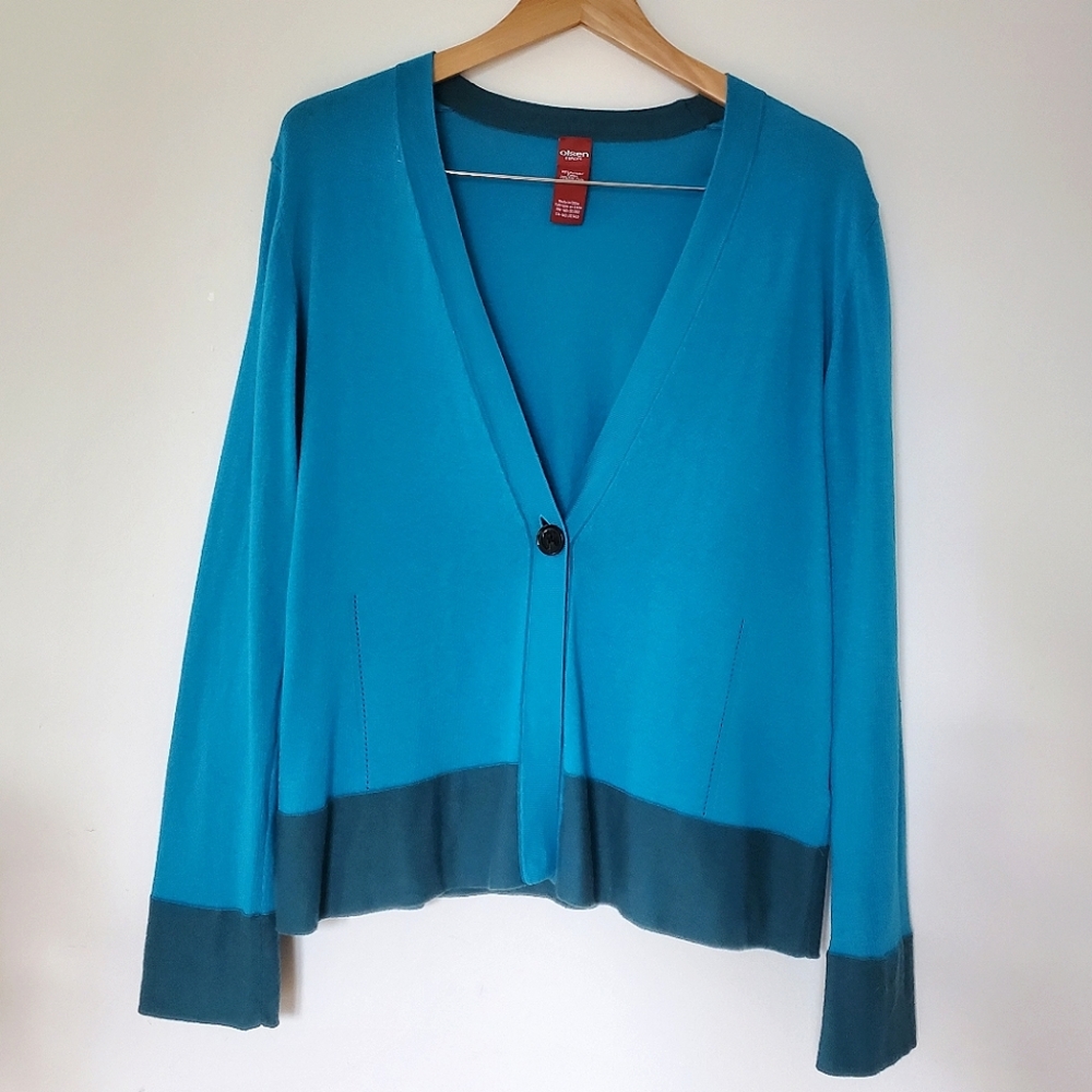 Olsen Europe Colourblock Turquoise Single Button Cardigan (Size M/L 12-42)
